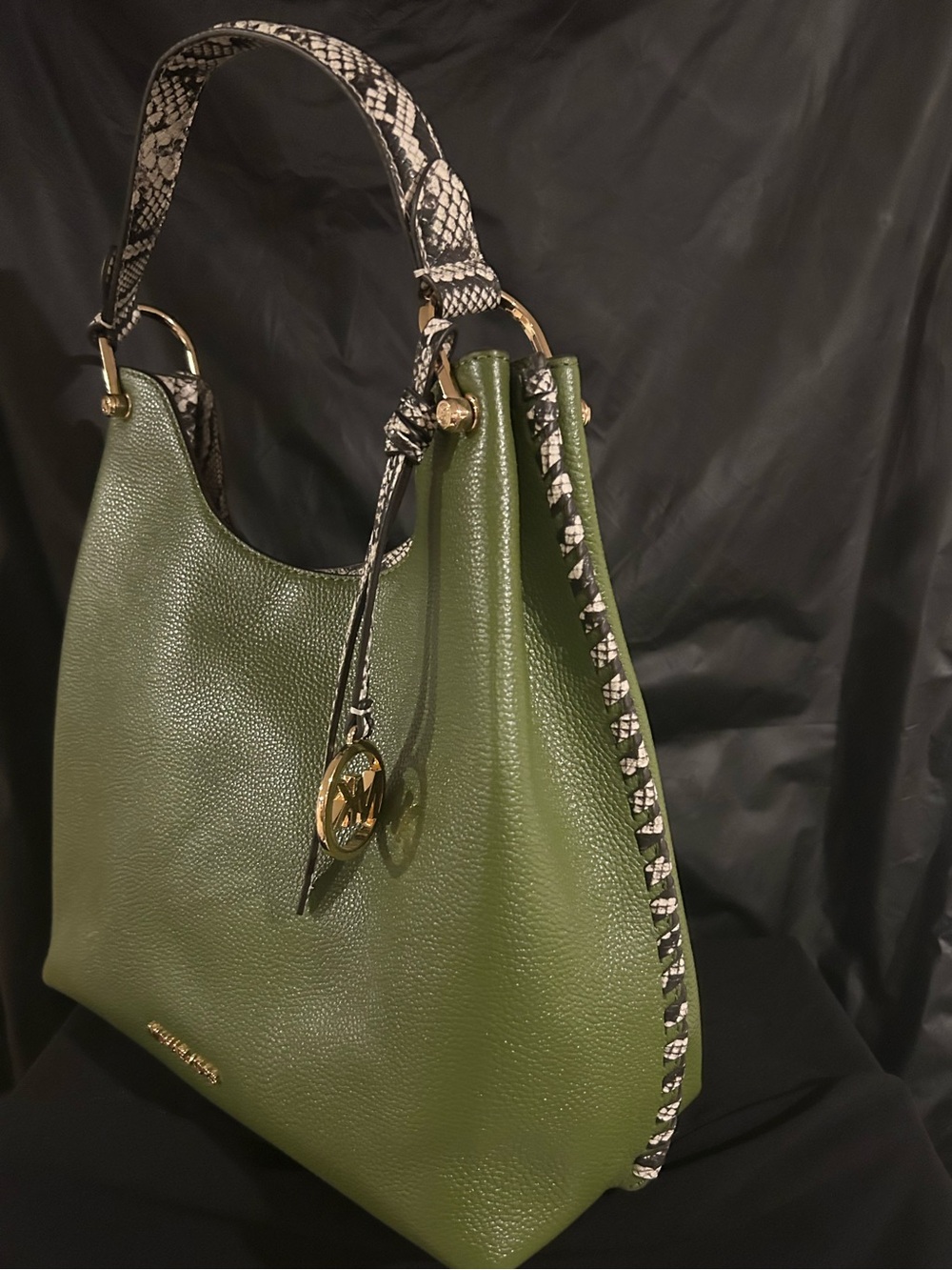 Michael Kors Olive Green Leather Shoulder Bag with Snake-Print Trim